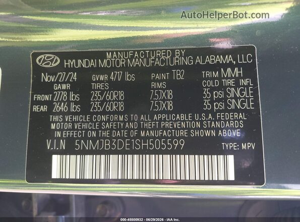 5NMJB3DE1SH505599 2025 HYUNDAI TUCSON Blue Շարժիչի բաժամունքի տեսք