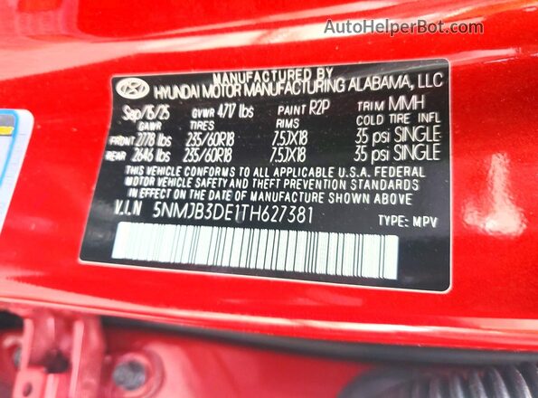 5NMJB3DE1TH627381 2026 HYUNDAI TUCSON Красный Вид наклейки с VIN-кодом
