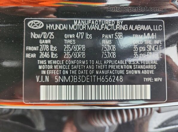 5NMJB3DE1TH656248 2026 HYUNDAI TUCSON Черный Панорамный вид салона 360°