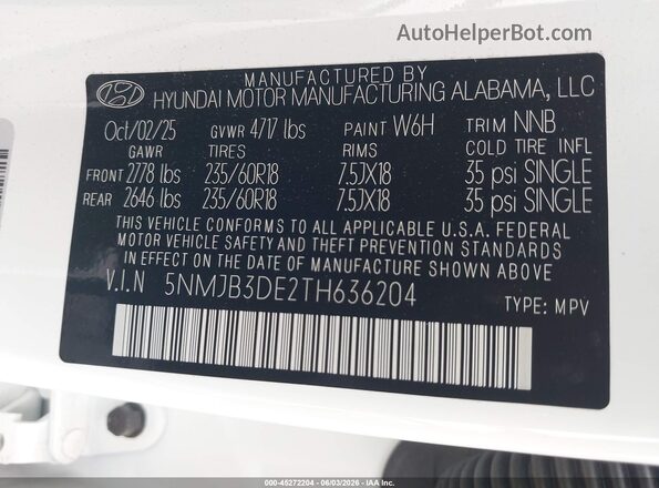 5NMJB3DE2TH636204 2026 HYUNDAI TUCSON Белый Вид подкапотного пространства