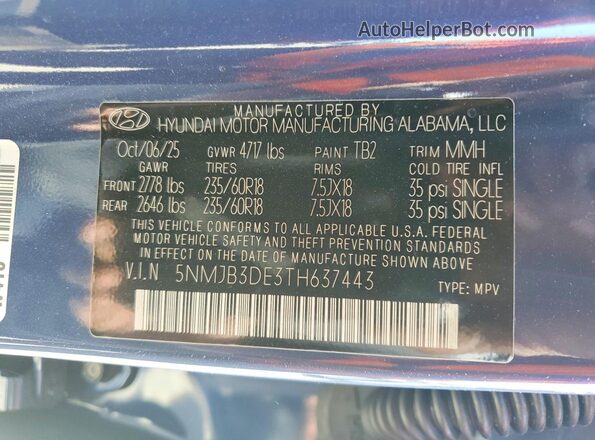 5NMJB3DE3TH637443 2026 HYUNDAI TUCSON Blue Вид наклейки з VIN-кодом
