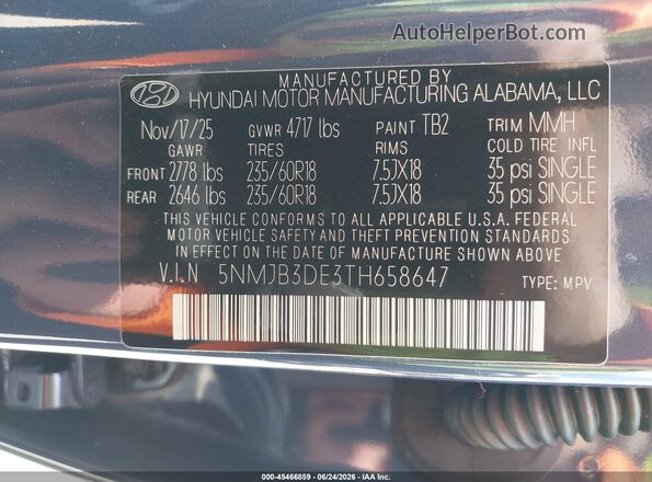 5NMJB3DE3TH658647 2026 HYUNDAI TUCSON Dark Blue Շարժիչի բաժամունքի տեսք