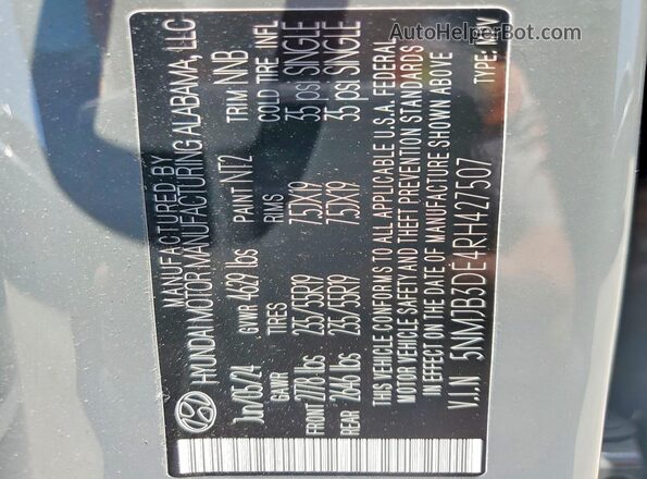 5NMJB3DE4RH427507 2024 HYUNDAI TUCSON Gray Вид наклейки з VIN-кодом