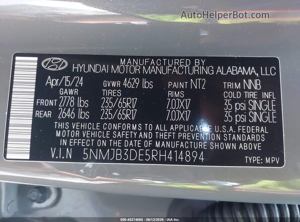 5NMJB3DE5RH414894 2024 HYUNDAI TUCSON Gray Вид підкапотного простору