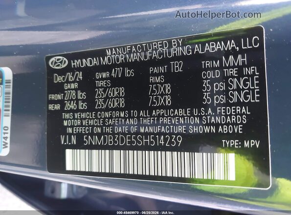 5NMJB3DE5SH514239 2025 HYUNDAI TUCSON Blue Vista del compartimento del motor