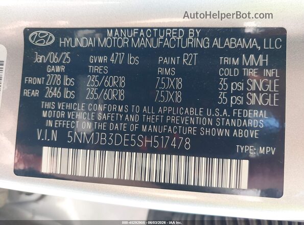 5NMJB3DE5SH517478 2025 HYUNDAI TUCSON Silver 