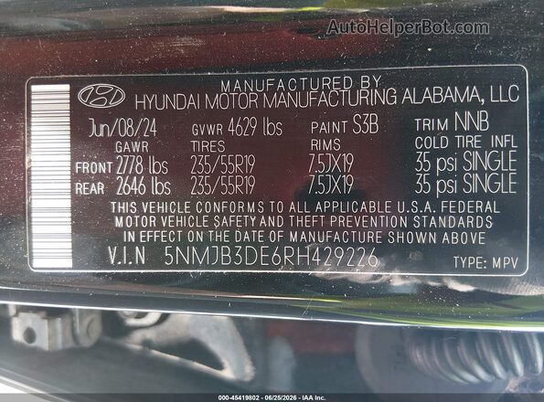 5NMJB3DE6RH429226 2024 HYUNDAI TUCSON Черный Вид подкапотного пространства