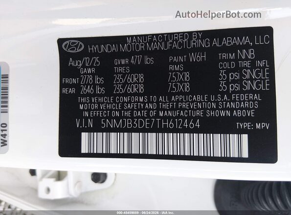 5NMJB3DE7TH612464 2026 HYUNDAI TUCSON White Engine compartment view