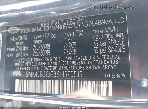5NMJB3DE8SH570515 2025 HYUNDAI TUCSON Синий Вид подкапотного пространства