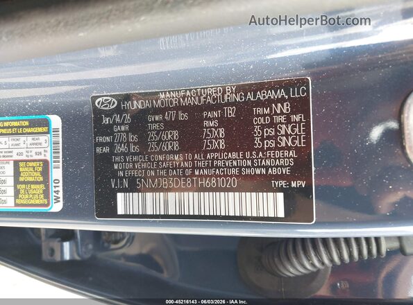 5NMJB3DE8TH681020 2026 HYUNDAI TUCSON Blue Вид підкапотного простору