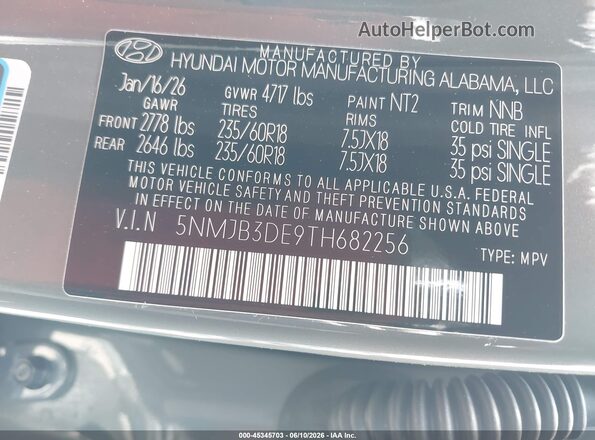 5NMJB3DE9TH682256 2026 HYUNDAI TUCSON Gray Շարժիչի բաժամունքի տեսք