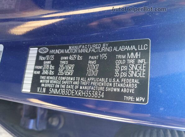 5NMJB3DEXRH353834 2024 HYUNDAI TUCSON Blue VIN კოდის სტიკერის ხედი