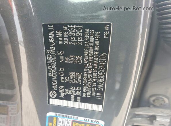 5NMJB3DEXSH451106 2025 HYUNDAI TUCSON Gray Вид наклейки з VIN-кодом