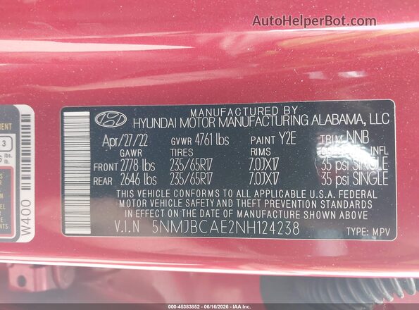 5NMJBCAE2NH124238 2022 HYUNDAI TUCSON Red Engine compartment view