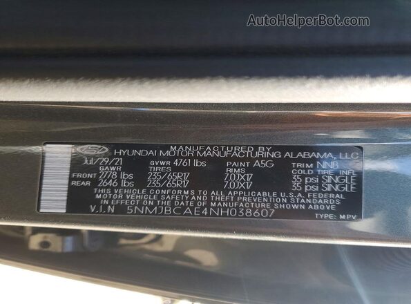 5NMJBCAE4NH038607 2022 HYUNDAI TUCSON Зеленый 