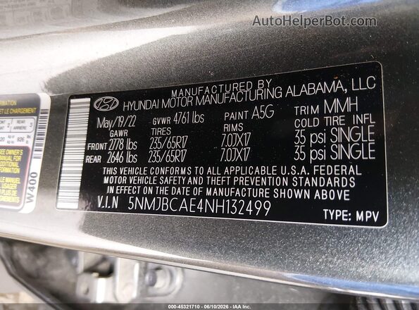 5NMJBCAE4NH132499 2022 HYUNDAI TUCSON Gray Engine compartment view