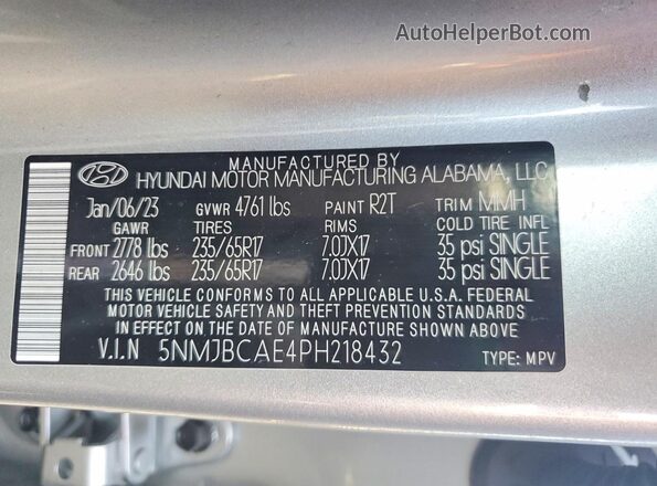 5NMJBCAE4PH218432 2023 HYUNDAI TUCSON Silver Панорамний вид салону 360°