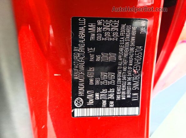 5NMJBCAE5NH065704 2022 HYUNDAI TUCSON Red Widok naklejki z numerem VIN