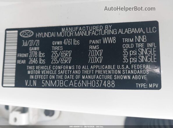 5NMJBCAE6NH037488 2022 HYUNDAI TUCSON White Вид підкапотного простору