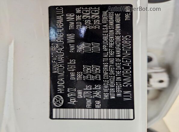5NMJBCAE7NH120895 2022 HYUNDAI TUCSON White Вид наклейки з VIN-кодом