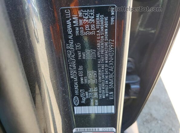 5NMJBCAEXNH039972 2022 HYUNDAI TUCSON Серый Вид наклейки с VIN-кодом