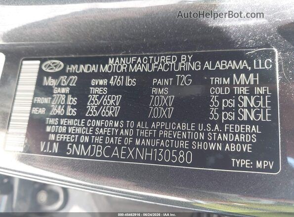 5NMJBCAEXNH130580 2022 HYUNDAI TUCSON Gray Շարժիչի բաժամունքի տեսք