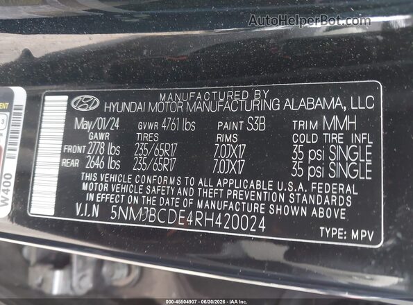 5NMJBCDE4RH420024 2024 HYUNDAI TUCSON Black Շարժիչի բաժամունքի տեսք