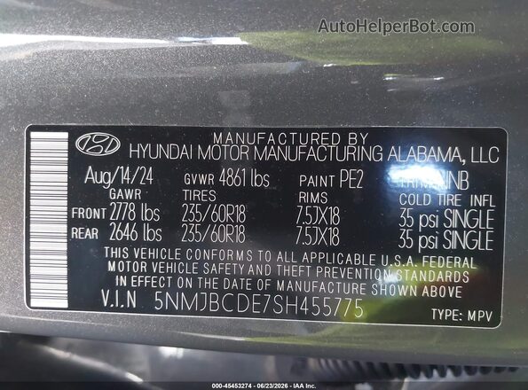 5NMJBCDE7SH455775 2025 HYUNDAI TUCSON Gray ძრავის განყოფილების ხედი