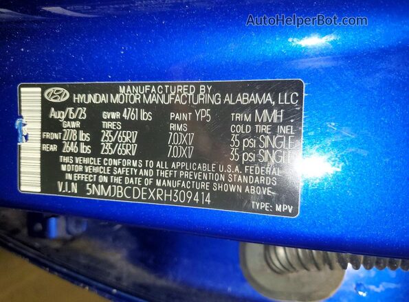 5NMJBCDEXRH309414 2024 HYUNDAI TUCSON Blue Vista de la etiqueta del VIN
