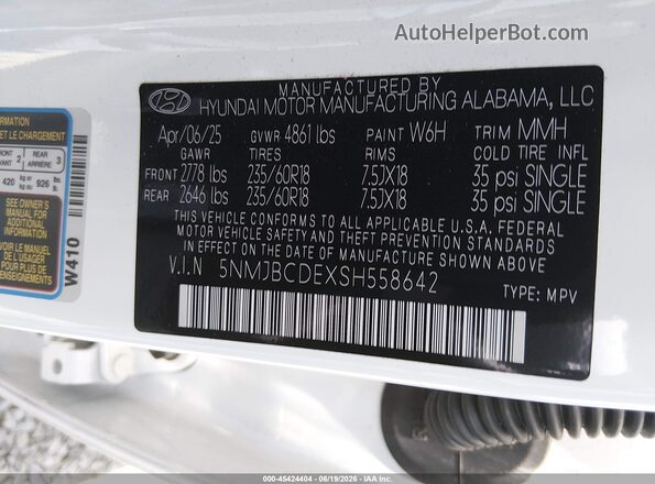 5NMJBCDEXSH558642 2025 HYUNDAI TUCSON White ძრავის განყოფილების ხედი