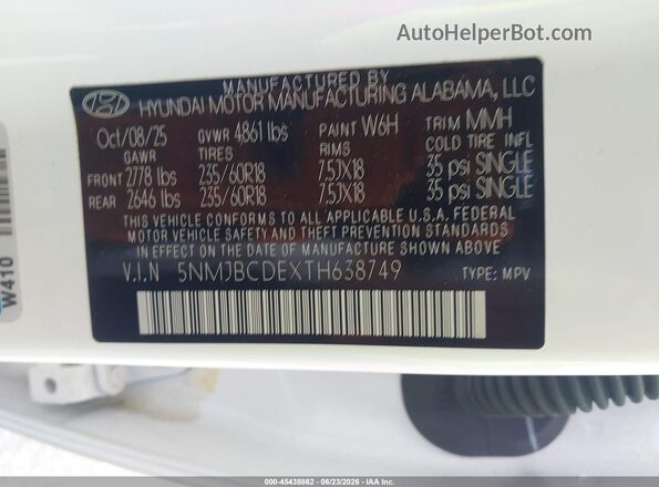5NMJBCDEXTH638749 2026 HYUNDAI TUCSON White Вид підкапотного простору
