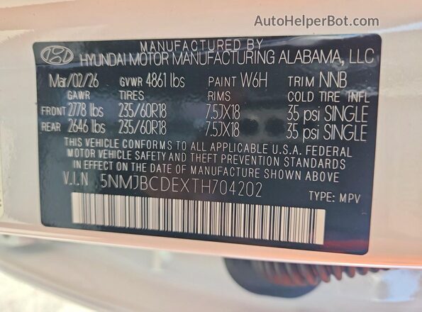5NMJBCDEXTH704202 2026 HYUNDAI TUCSON White 