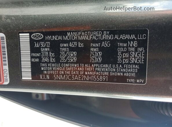 5NMJC3AE2NH155891 2022 HYUNDAI TUCSON Charcoal VIN კოდის სტიკერის ხედი