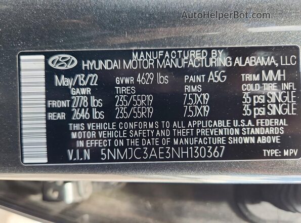 5NMJC3AE3NH130367 2022 HYUNDAI TUCSON Gray Панорамний вид салону 360°