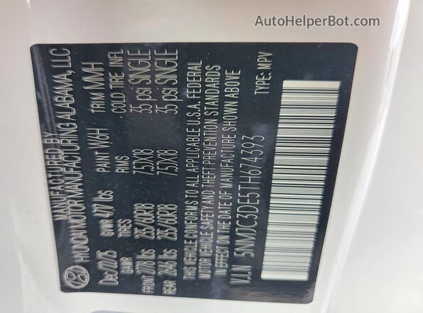 5NMJC3DE5TH674393 2026 HYUNDAI TUCSON White Widok naklejki z numerem VIN