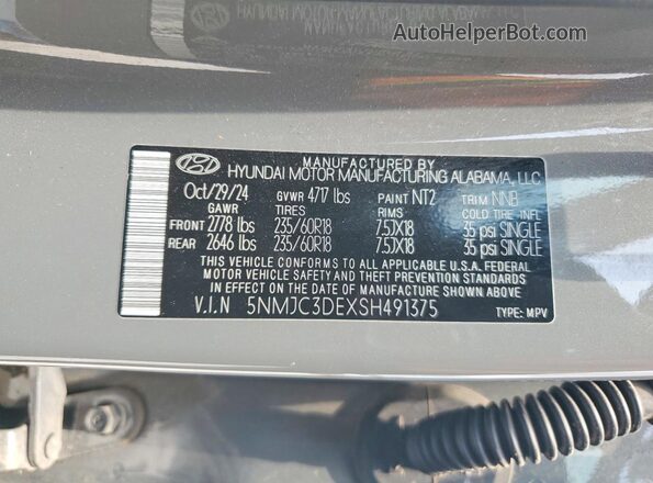 5NMJC3DEXSH491375 2025 HYUNDAI TUCSON Gray Вид наклейки з VIN-кодом