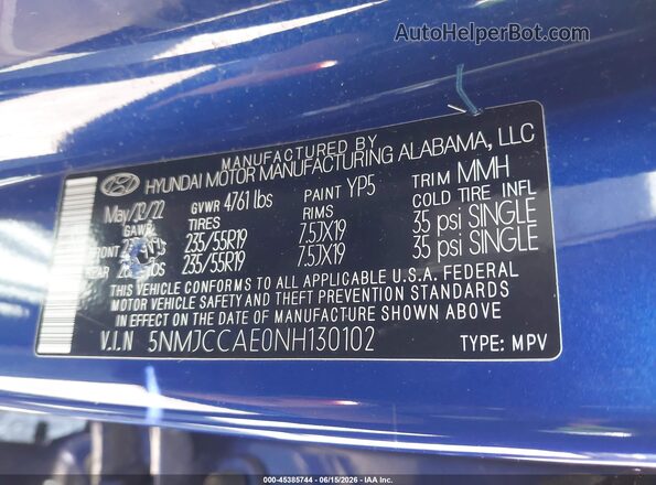 5NMJCCAE0NH130102 2022 HYUNDAI TUCSON Blue Շարժիչի բաժամունքի տեսք