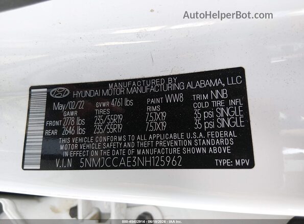 5NMJCCAE3NH125962 2022 HYUNDAI TUCSON White Vista del compartimento del motor