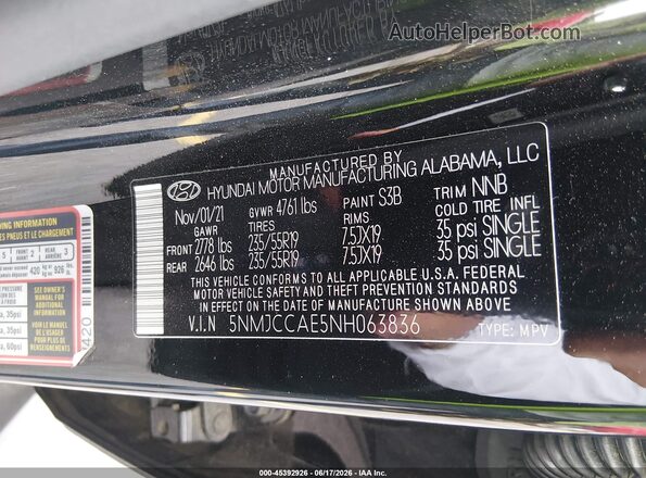 5NMJCCAE5NH063836 2022 HYUNDAI TUCSON Черный Вид подкапотного пространства