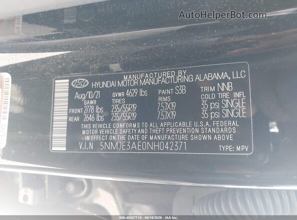 5NMJE3AE0NH042371 2022 HYUNDAI TUCSON Black Widok naklejki z numerem VIN