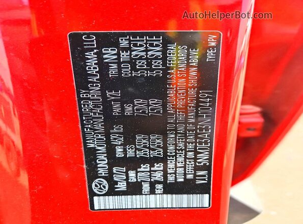 5NMJE3AE3NH104491 2022 HYUNDAI TUCSON Red 