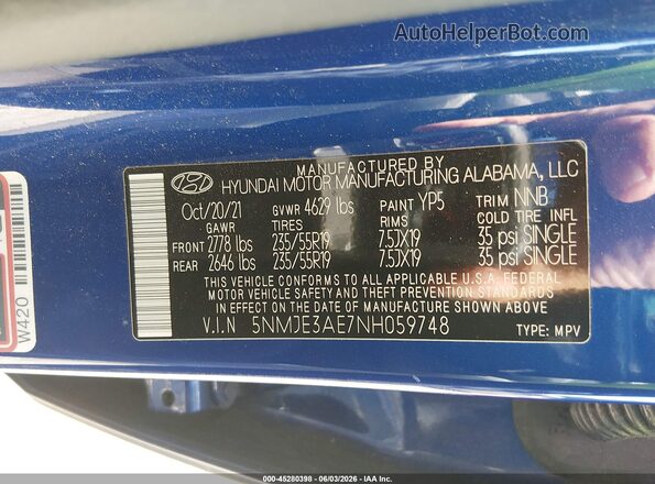 5NMJE3AE7NH059748 2022 HYUNDAI TUCSON Blue Вид підкапотного простору