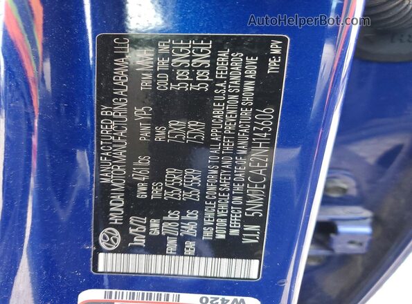 5NMJECAE2NH143606 2022 HYUNDAI TUCSON Blue სალონის 360-გრადუსიანი ხედი