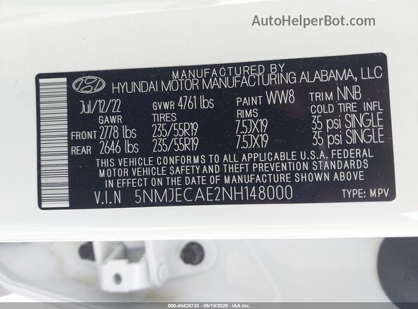 5NMJECAE2NH148000 2022 HYUNDAI TUCSON White Вид підкапотного простору