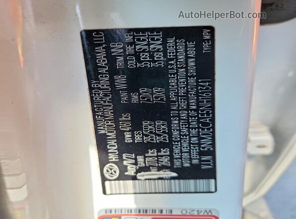 5NMJECAE5NH161341 2022 HYUNDAI TUCSON White VIN კოდის სტიკერის ხედი