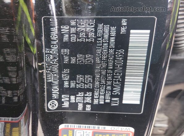 5NMJF3AE1NH004936 2022 HYUNDAI TUCSON Black Widok naklejki z numerem VIN