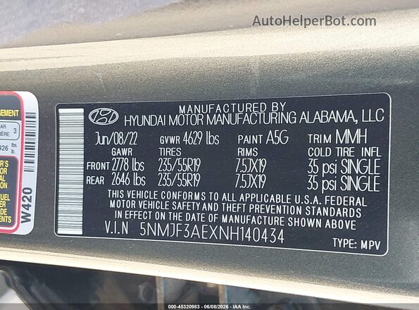 5NMJF3AEXNH140434 2022 HYUNDAI TUCSON Gray Vista del compartimento del motor