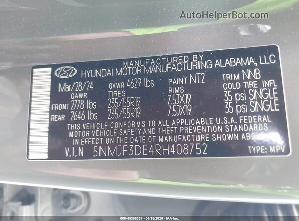 5NMJF3DE4RH408752 2024 HYUNDAI TUCSON Gray Vista del compartimento del motor