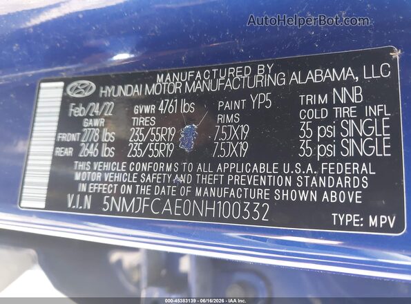 5NMJFCAE0NH100332 2022 HYUNDAI TUCSON Синий Вид подкапотного пространства