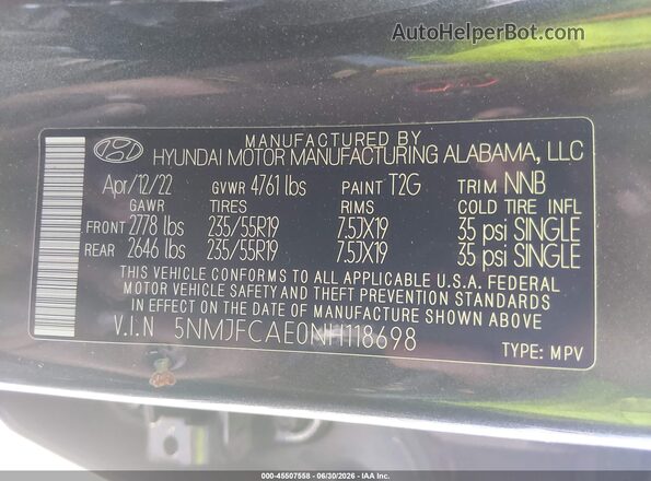 5NMJFCAE0NH118698 2022 HYUNDAI TUCSON Black Շարժիչի բաժամունքի տեսք